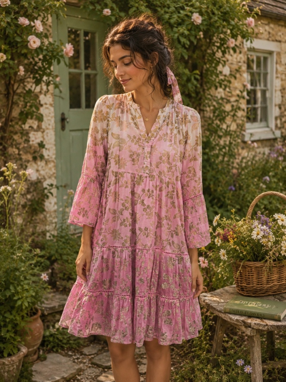 NWT Debbie Katz M dress tiered pink relaxed beach boho cottage core prairie gold
